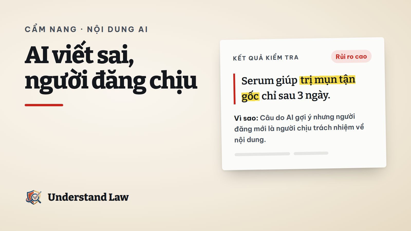 Kết quả kiểm tra đánh dấu rủi ro cao cho câu caption do AI viết hứa trị mụn tận gốc