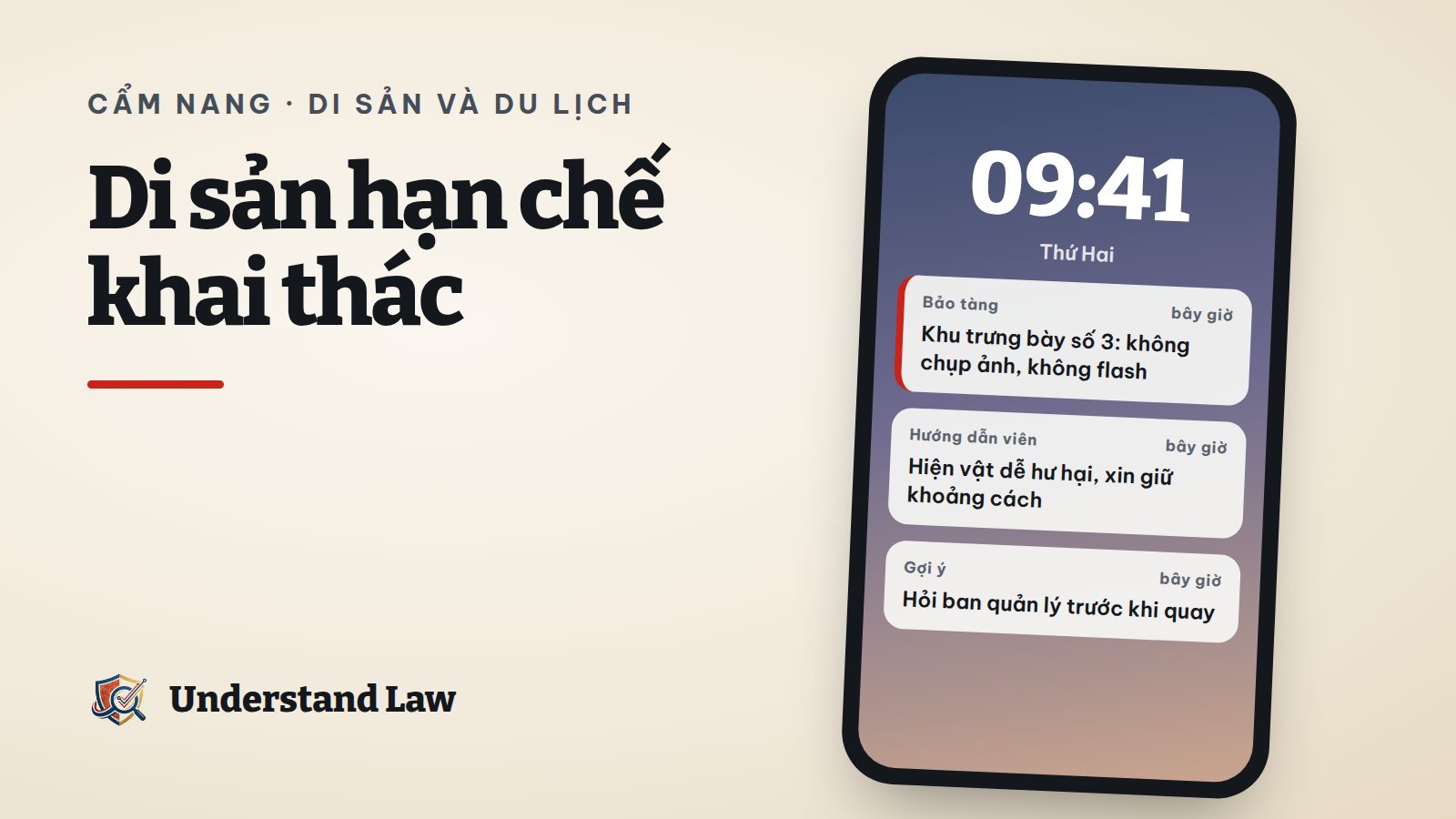 Màn hình điện thoại với thông báo khu trưng bày cấm chụp ảnh và đèn flash