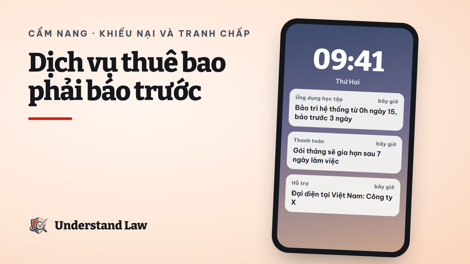 Màn hình điện thoại với thông báo bảo trì dịch vụ được báo trước 3 ngày làm việc