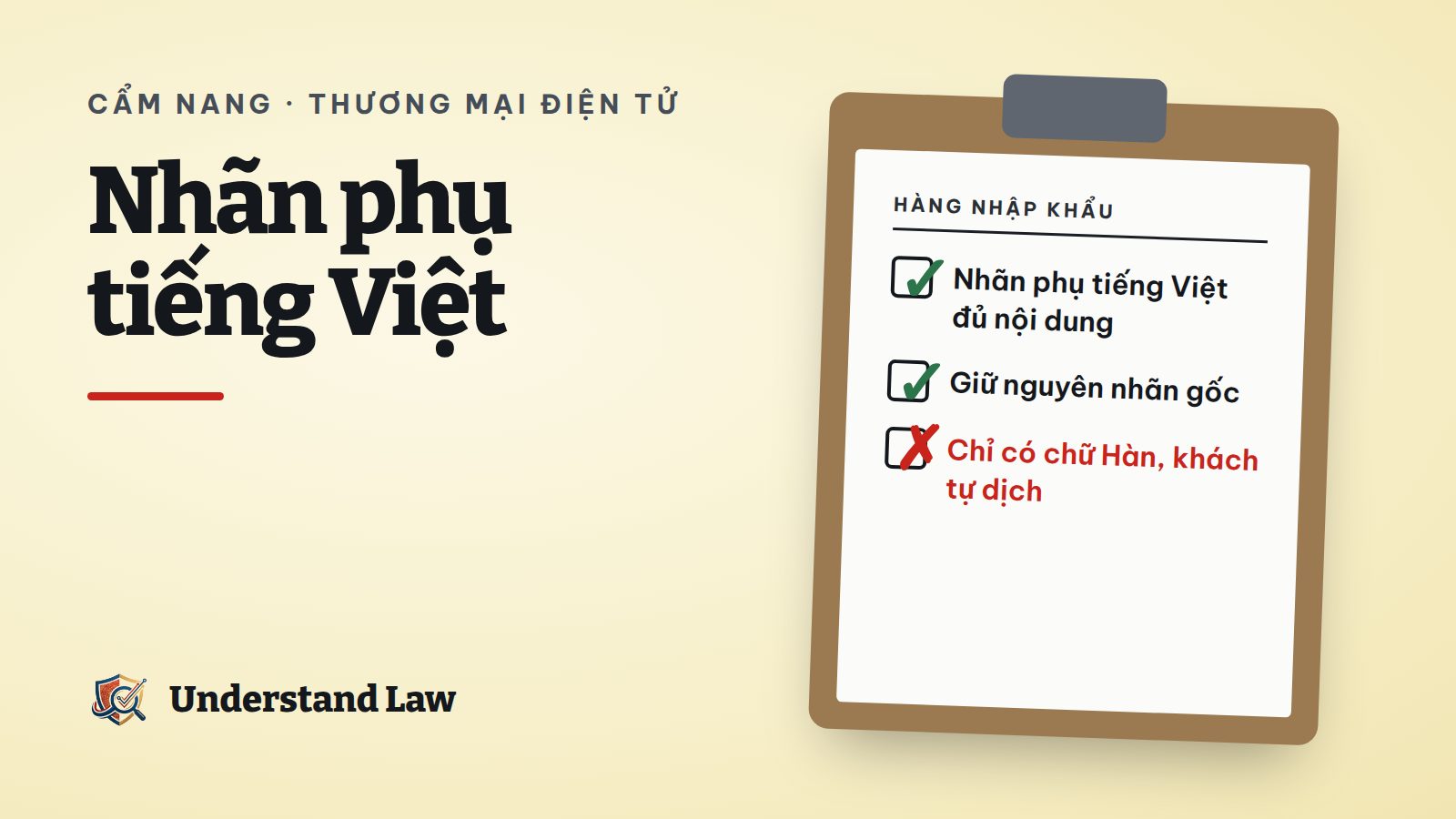 Bảng kẹp giấy liệt kê yêu cầu nhãn phụ tiếng Việt với hàng nhập khẩu