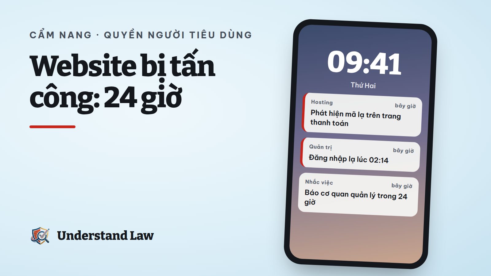 Màn hình điện thoại cảnh báo trang quản trị bị đăng nhập lạ và nhắc thông báo trong 24 giờ
