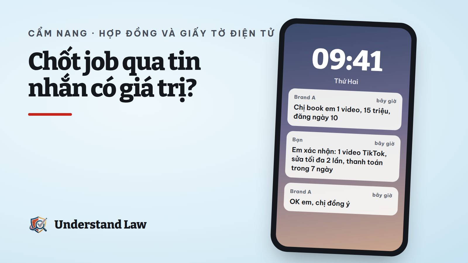 Màn hình điện thoại với tin nhắn chốt job quảng cáo giữa creator và Brand