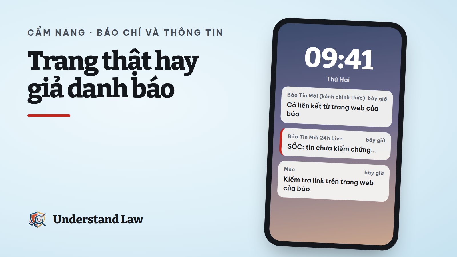 Màn hình điện thoại với hai trang mang tên gần giống một tờ báo, một trang bị đánh dấu cảnh báo