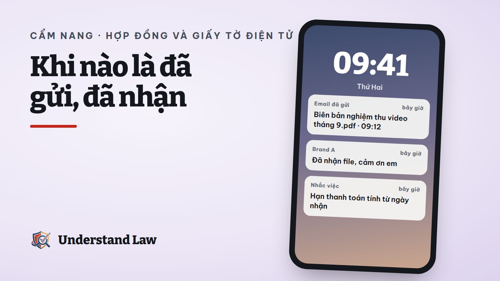 Màn hình điện thoại với email đã gửi và thông báo xác nhận đã nhận file nghiệm thu