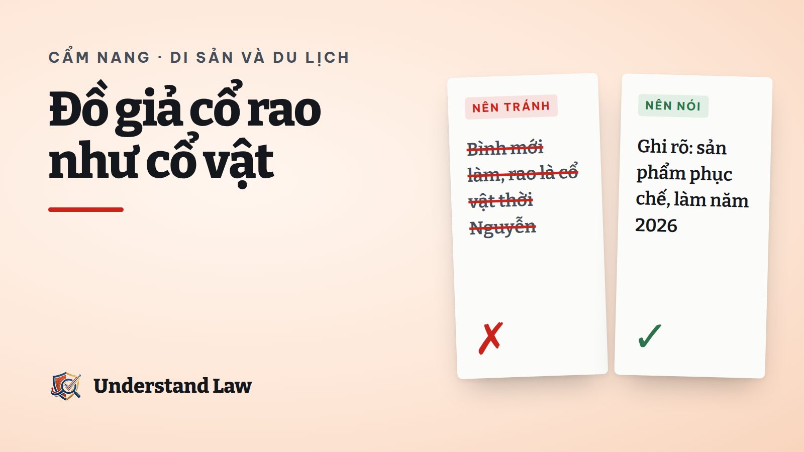 Hai cột so sánh rao đồ mới là cổ vật và ghi rõ sản phẩm phục chế