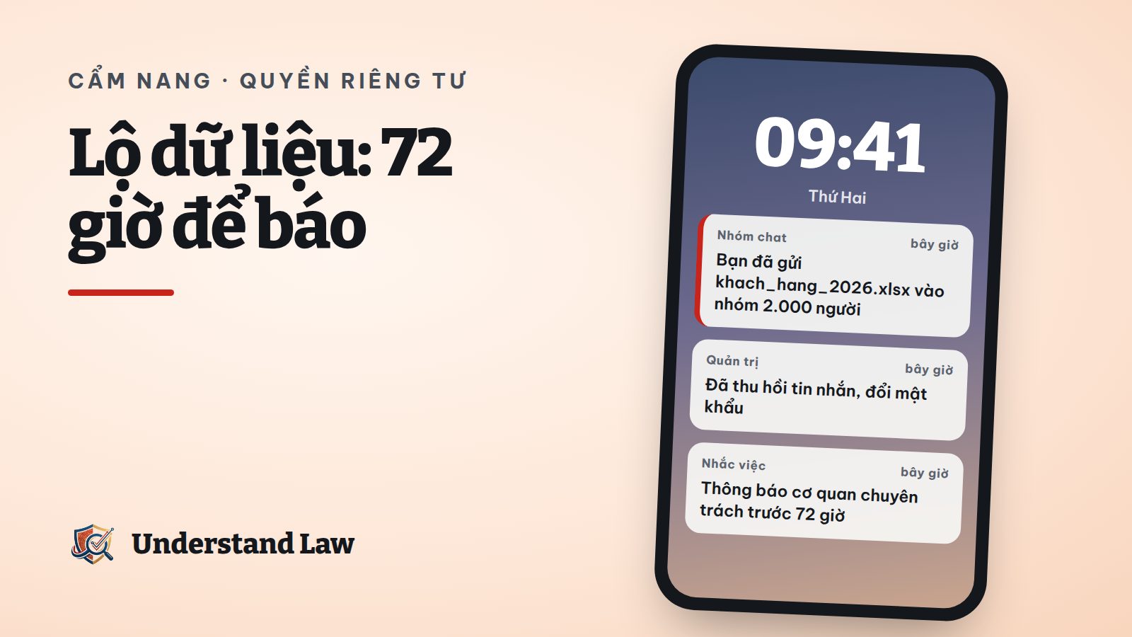 Màn hình điện thoại cảnh báo file danh sách khách bị gửi vào nhóm công khai và nhắc thông báo trong 72 giờ