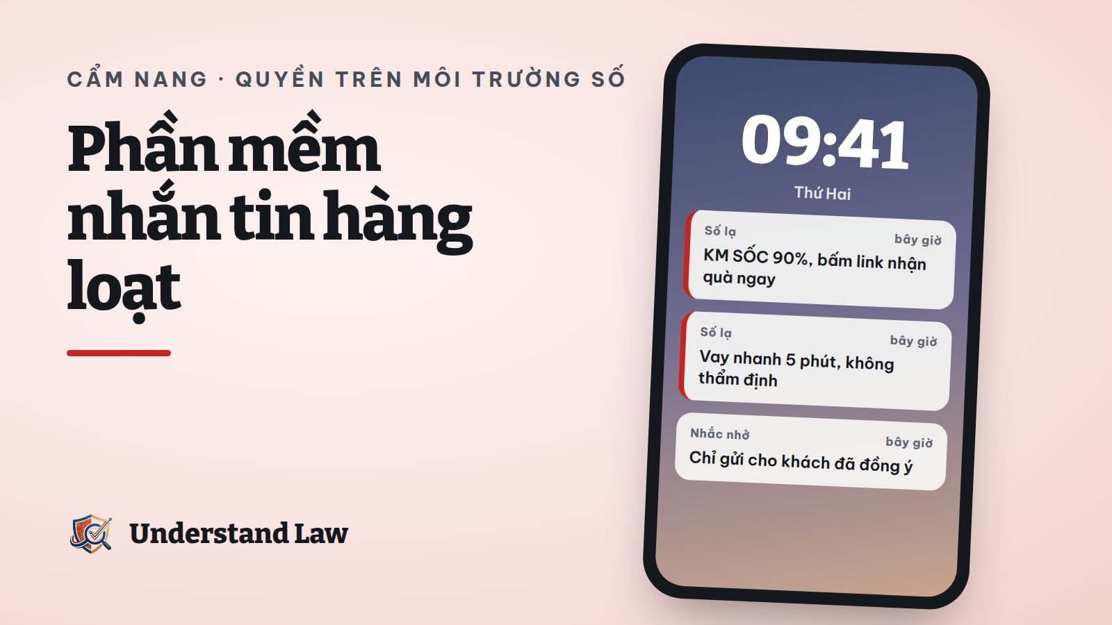 Màn hình điện thoại với hàng loạt tin nhắn quảng cáo từ số lạ bị đánh dấu cảnh báo