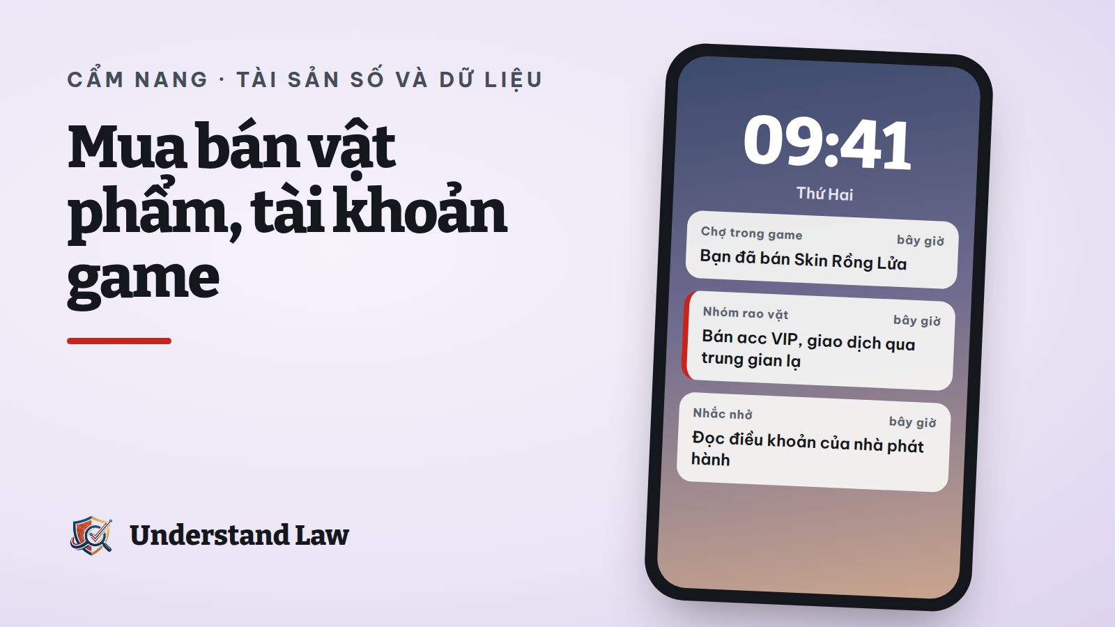 Màn hình điện thoại với thông báo giao dịch vật phẩm game và cảnh báo điều khoản nhà phát hành